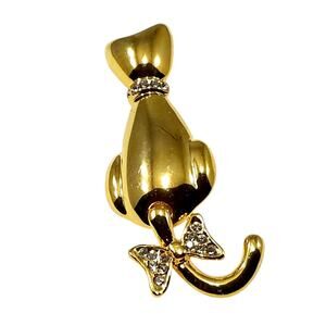 1960s Gold Plated Cat Brooch with Rhinestone Collar & Moving Tail